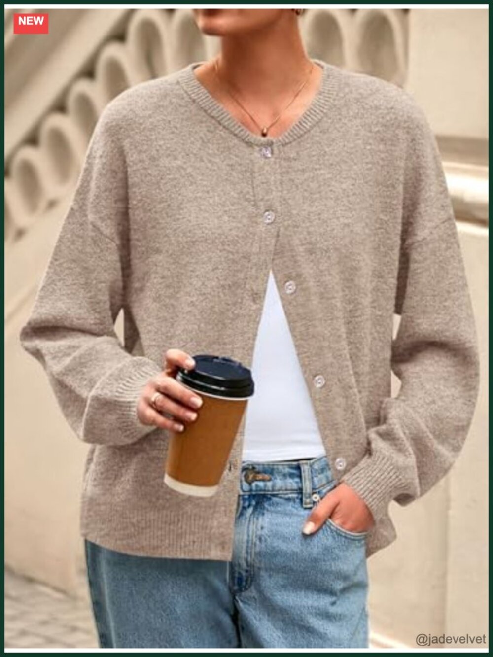 Lightweight Button Down Crewneck Loose Knit Cardigan Sweater - Picture 2 of 7